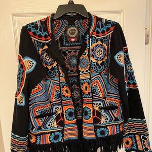 Johnny Was Embroidered Black Top with Fringe Hem